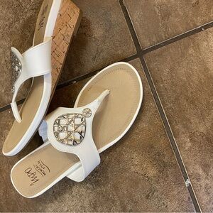 MIA White and Tan Wedges with Chic Silver Medallion NEW Without tags